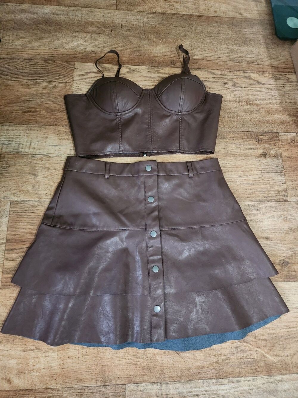Haute Monde Faux Brown Leather Crop NWOT Top And New Button Skirt 2pc Set Size L